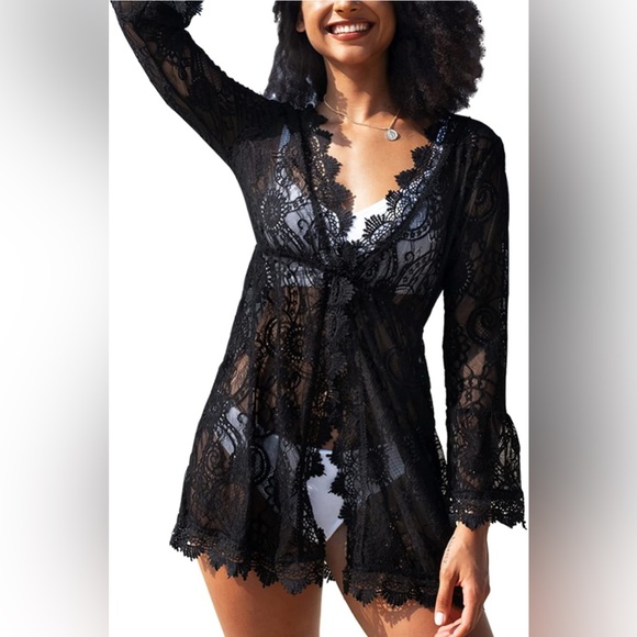 CUPSHE Black Kaftan Cover Up Sheer Eyelet Long Sleeve Size M NEW NEVER BEEN WORN - Picture 2 of 5